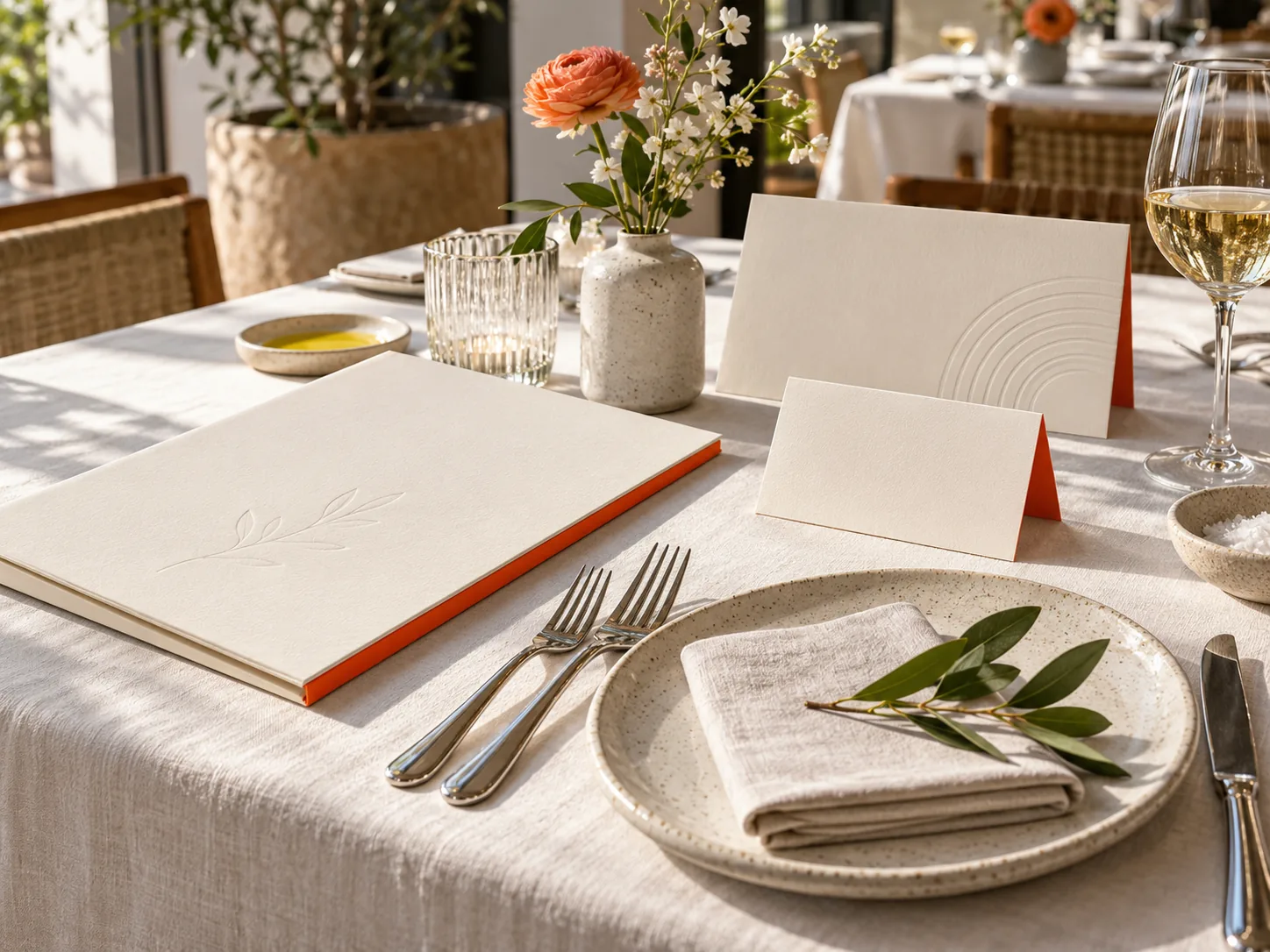Restaurant menu and reservation cards on marble