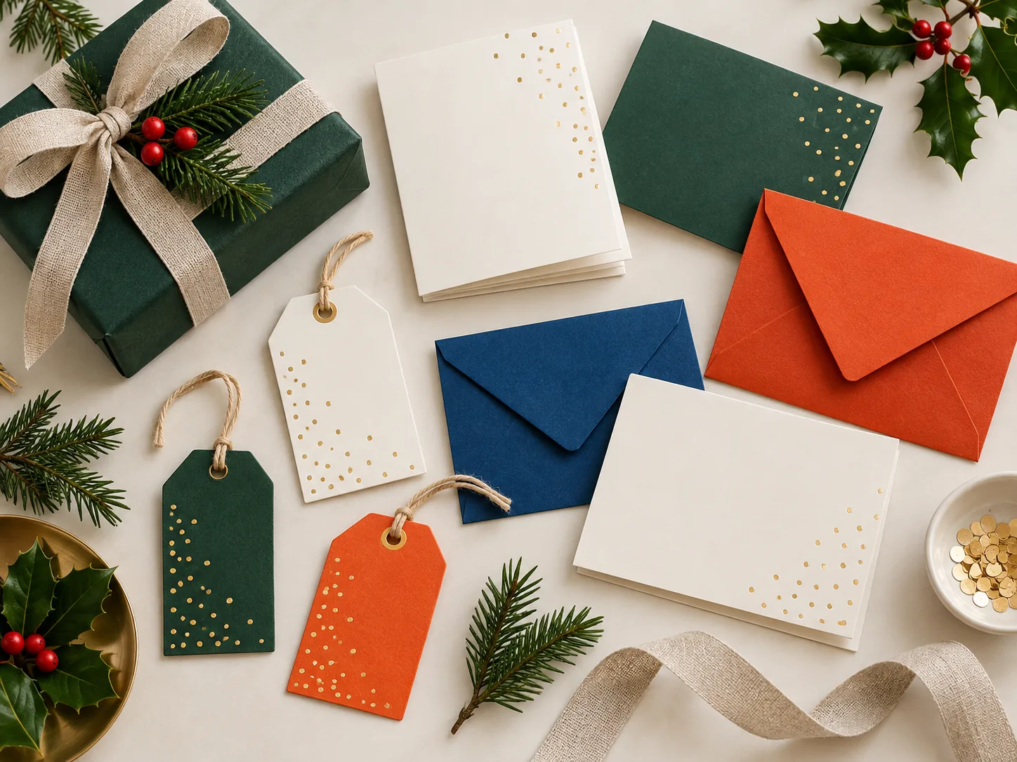 Seasonal gift cards and tags in burgundy and gold