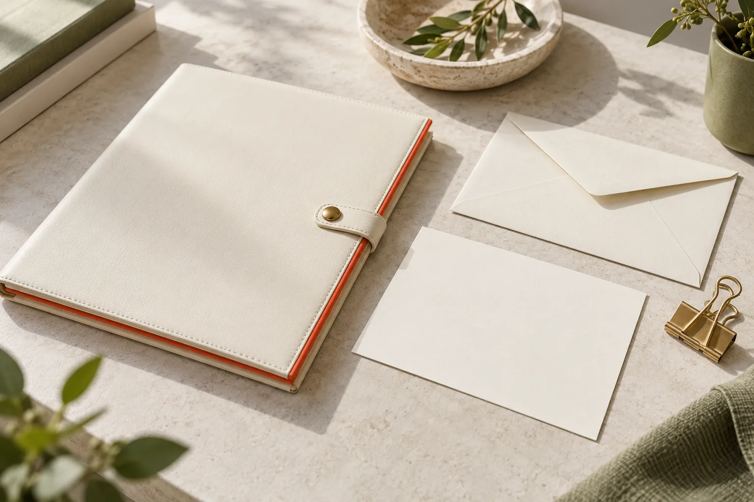 A closed oxblood studio folio beside a blank quotation sheet and printer’s rule